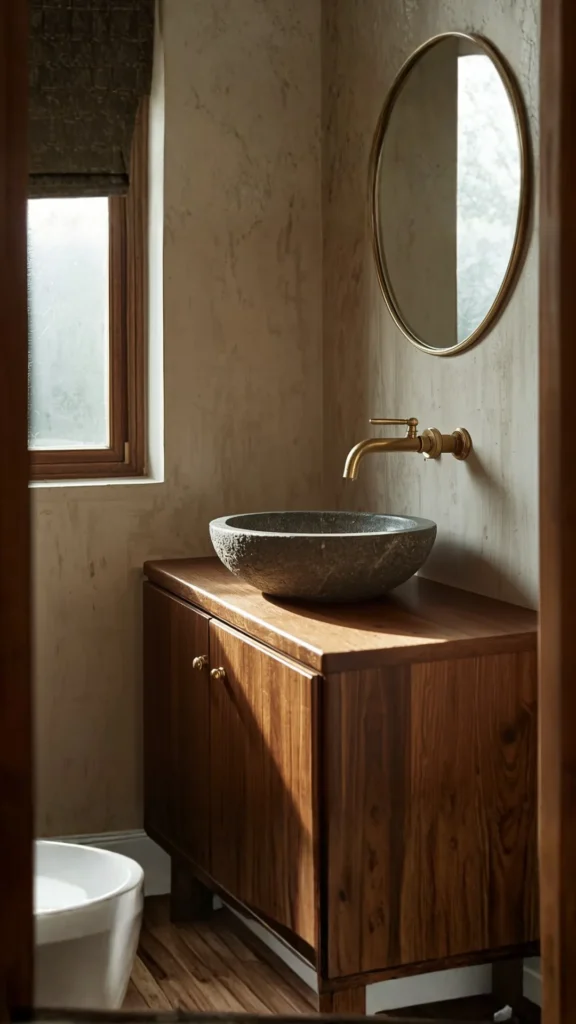 small bathroom ideas 2026 compact warm wood vanity stone basin brass tap cozy