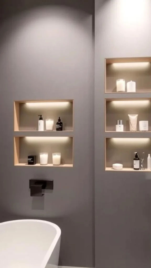 small bathroom ideas 2026 reading corner candle shelf near tub