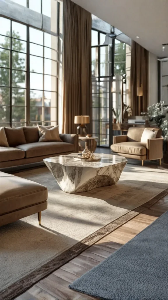 organic coffee table sculptural marble irregular form warm refined living room luxury 2026