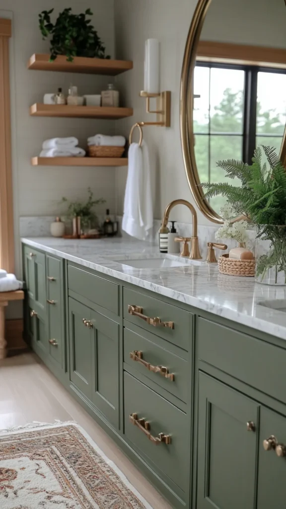 luxury bathroom on a budget repainted cabinet fronts warm sage cream