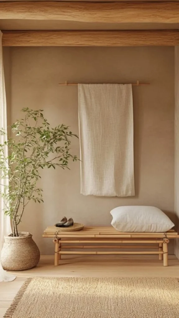 japandi style guide entryway wood bench ceramic dish calm 2026