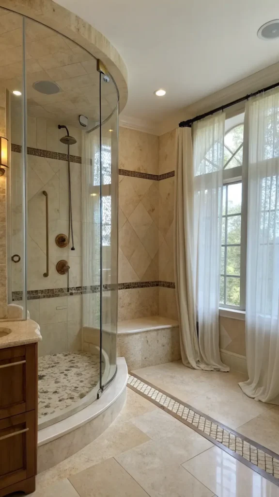 walk-in shower ideas curved glass enclosure gentle organic