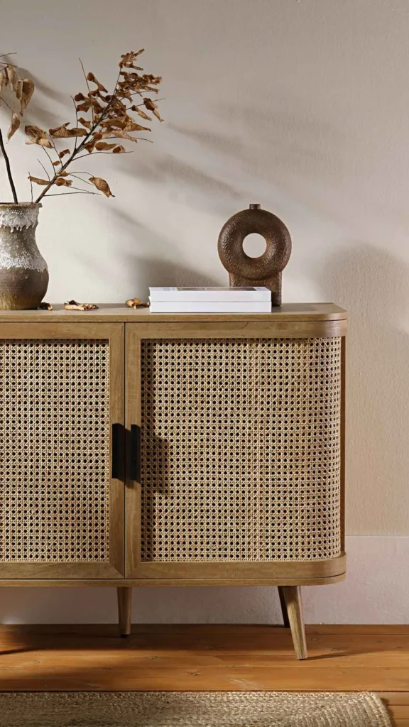 curved sideboard woven basket storage lower shelving open