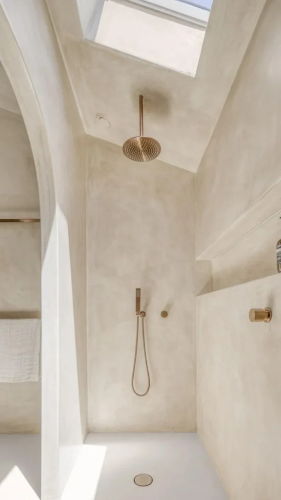 walk-in shower ideas microcement seamless warm toned