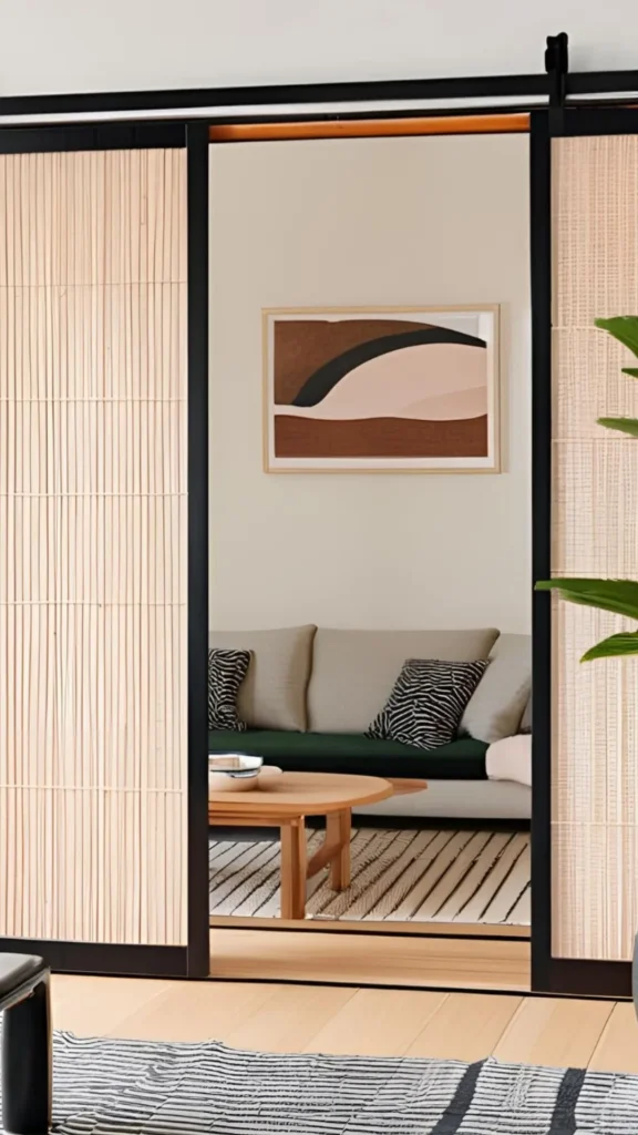 japandi living room ideas shoji panel sliding divider adjoining space