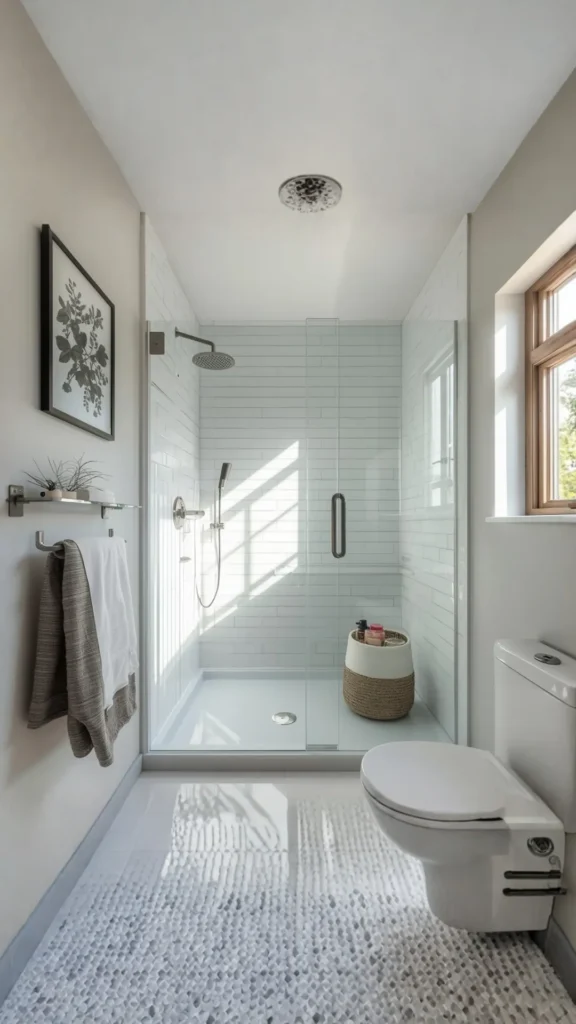 small bathroom ideas 2026 frameless glass shower screen open visual space minimal