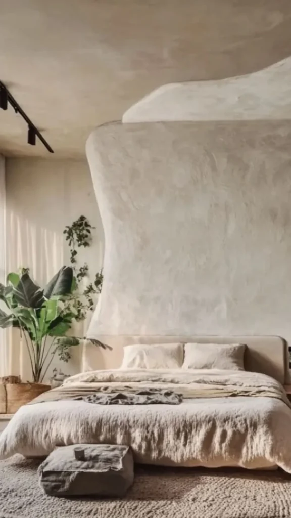 organic modern bedroom ideas lime wash plaster feature wall behind bed