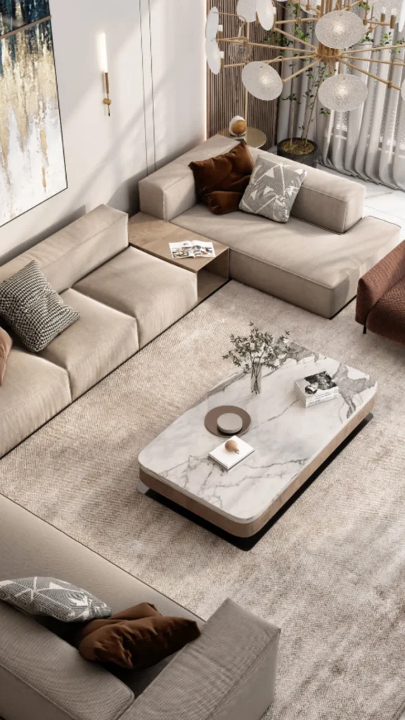 neutral living room ideas curved sofa oat linen palette 2026