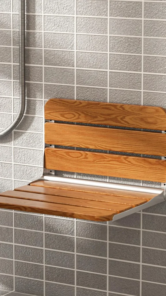 walk-in shower ideas fold down teak stool wall mounted