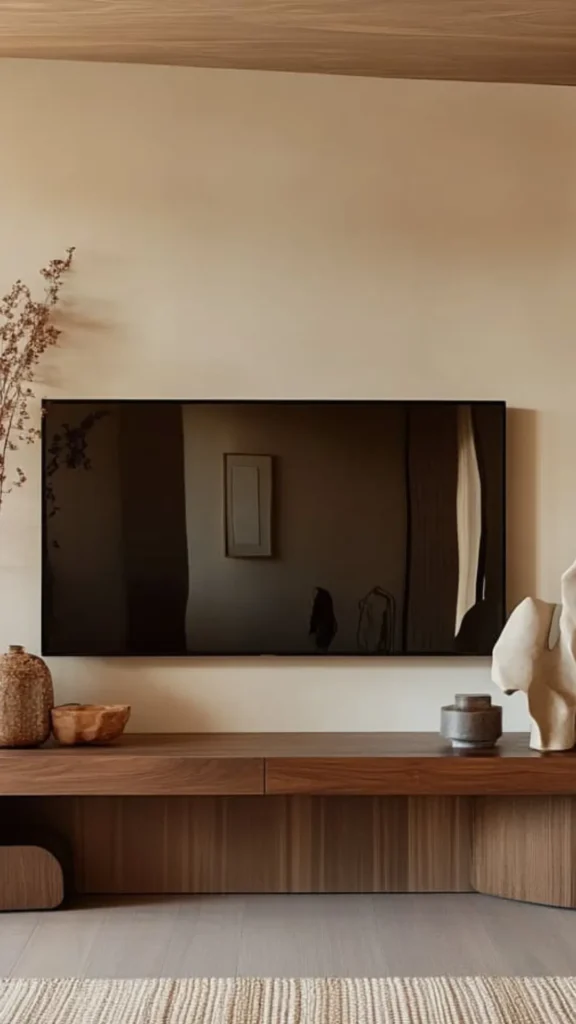 japandi living room ideas media wall television warm wood shelving