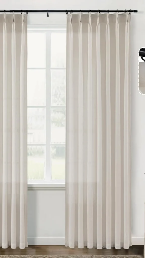 neutral living room ideas sheer linen curtains ceiling height 2026