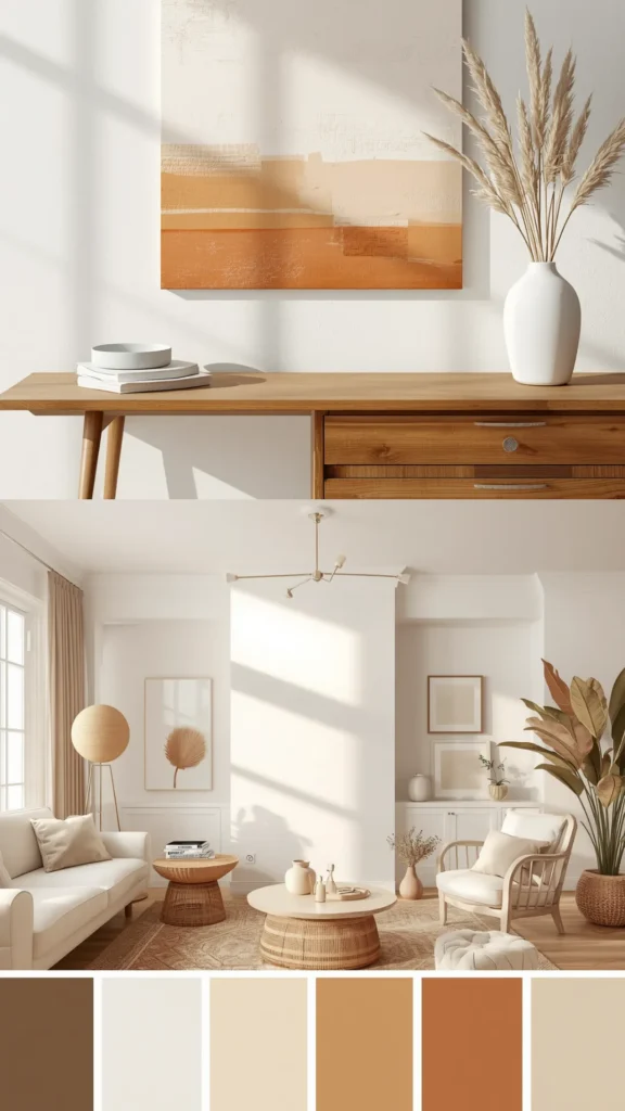 warm minimalist living room colour palette warm whites sandy neutrals earthy accents guide 2026