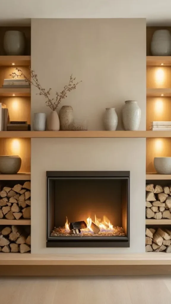 japandi living room ideas fireplace plaster stone surround simple