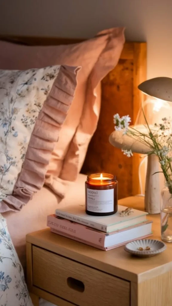 organic modern bedroom ideas scented candle nightstand evening ritual