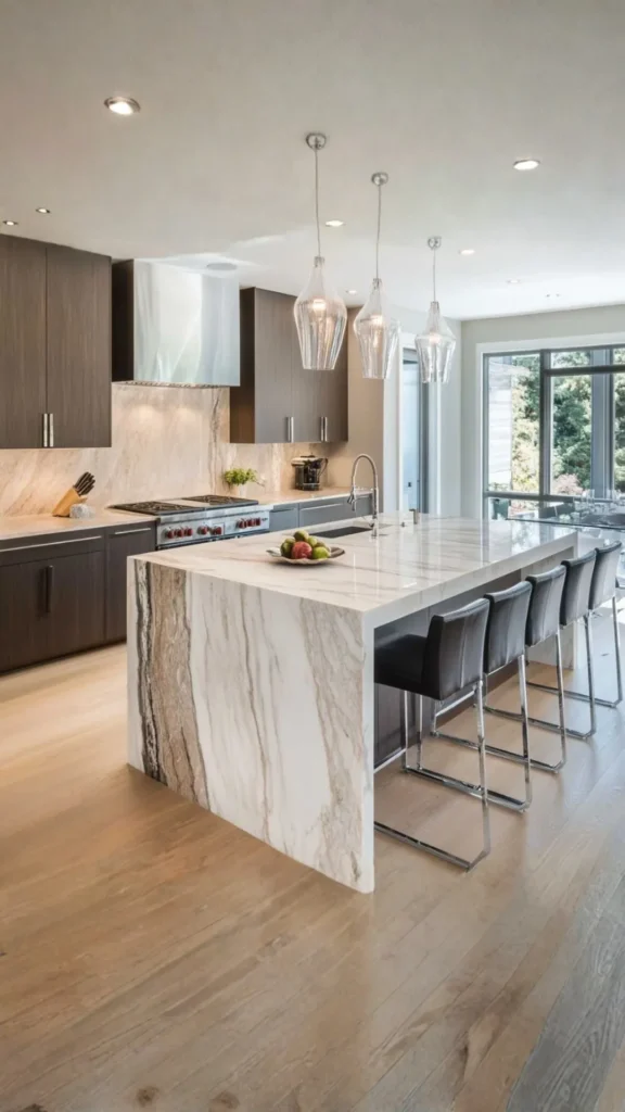 kitchen island ideas waterfall stone countertop edge flowing floor luxury 2026