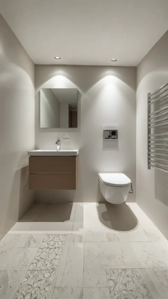 small bathroom ideas 2026 wall hung vanity toilet clear floor space minimal