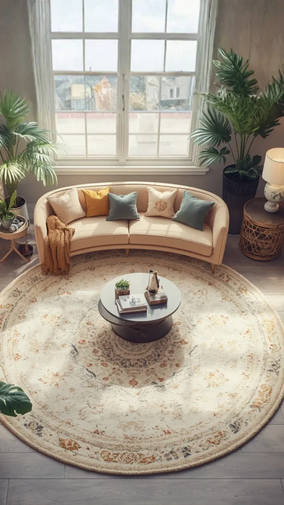 living room rug ideas round rug warm organic curved sofa coffee table echoing 2026