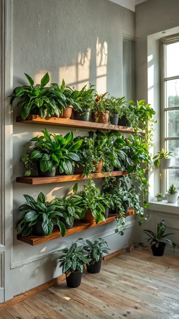 biophilic home design indoor plant wall walnut floating shelves lush plants warm organic