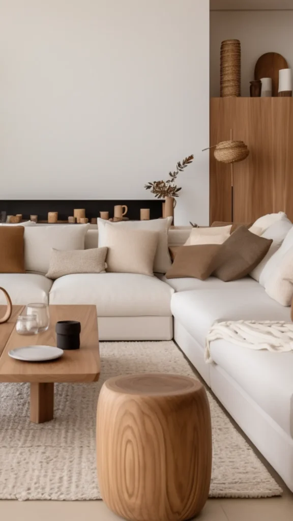 japandi living room ideas two wood tones layered furniture