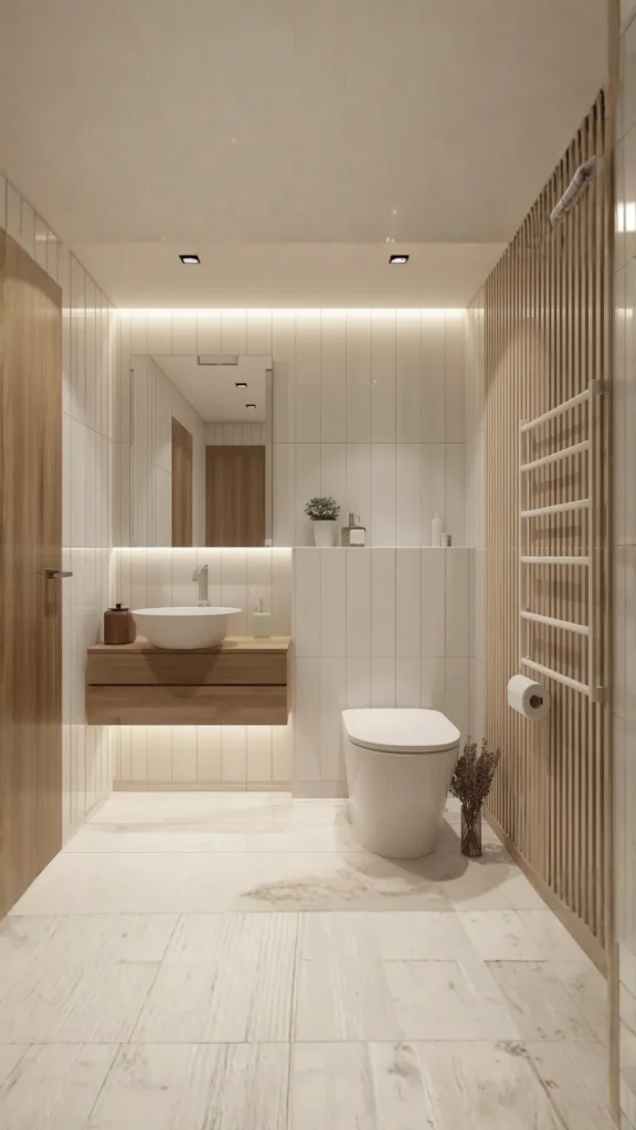 small bathroom ideas 2026 light palette warm white tiles pale wood soft lighting