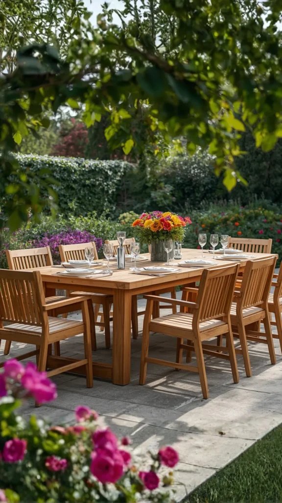 outdoor living space ideas outdoor dining table teak natural chairs garden setting