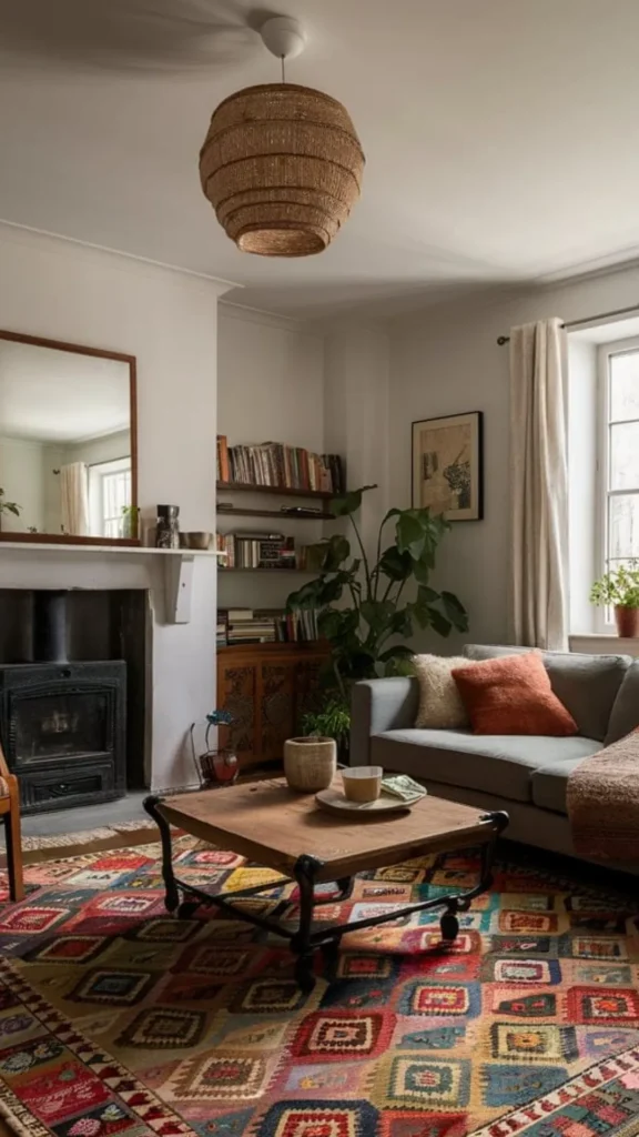 living room rug ideas vintage kilim rug warmth character earthy tones living room 2026