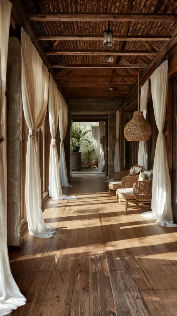 biophilic home design natural materials wood floor stone surface linen rattan throughout rooms