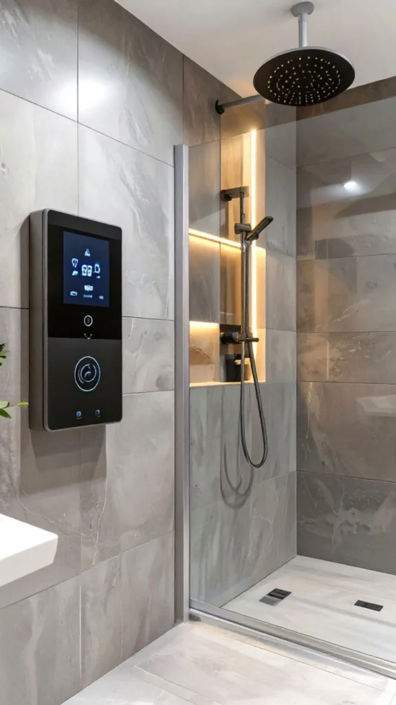japandi contemporary fusion bathroom digital shower presets warm stone
