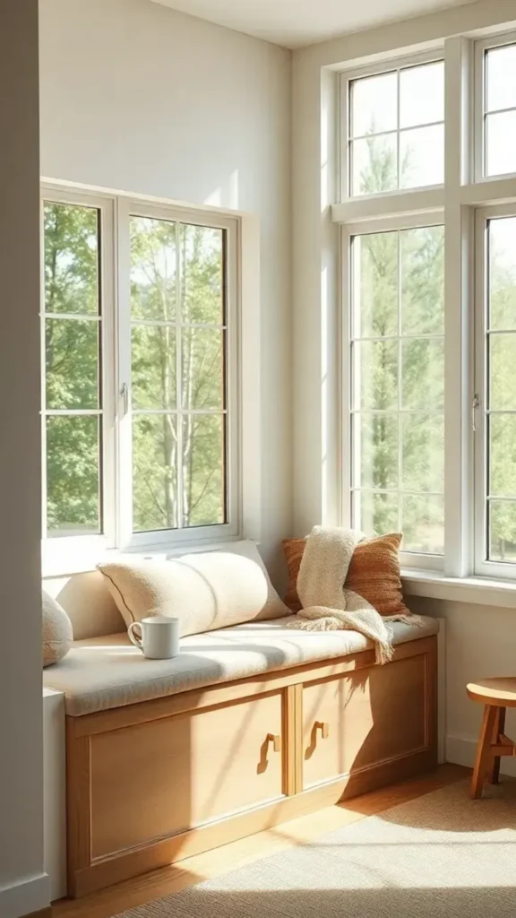 japandi living room ideas window seat linen cushion built in