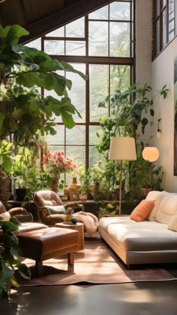 outdoor living space ideas biophilic garden room abundant plants warm interior furniture