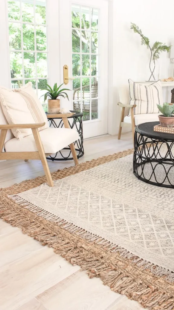 living room rug ideas layered rugs jute base vintage rug on top warm 2026