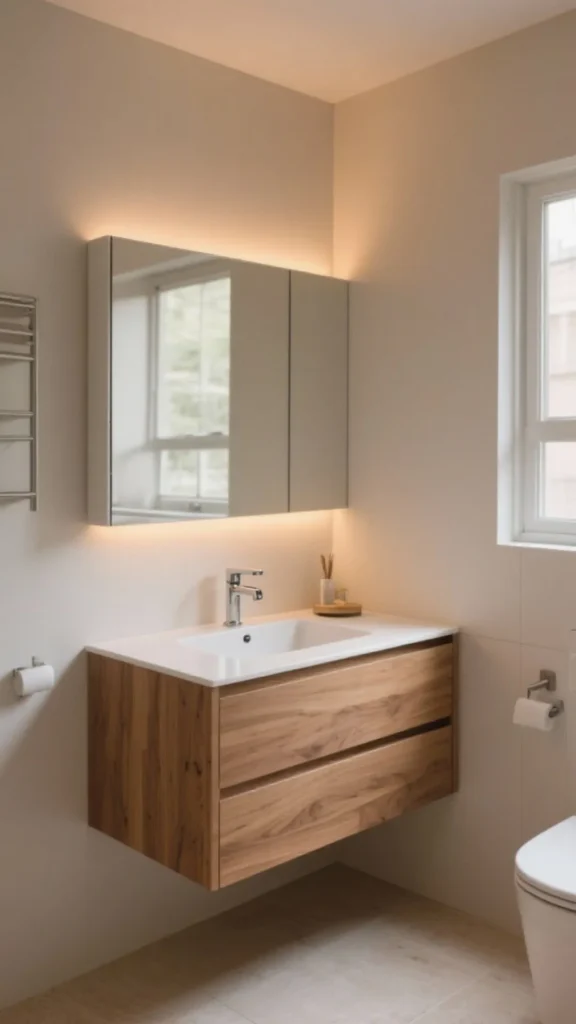 japandi contemporary fusion bathroom floating vanity integrated drawer lighting