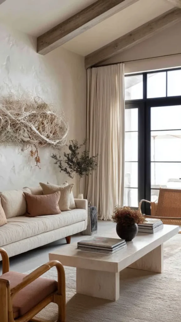japandi living room ideas sculptural branch tall ceramic vessel