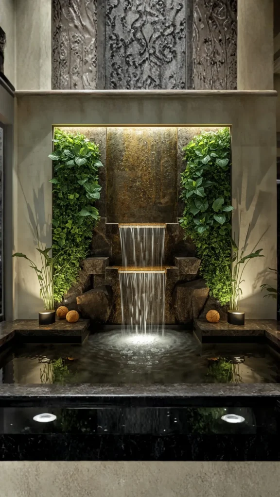 biophilic home design indoor water feature wall fountain bowl calm sound nature