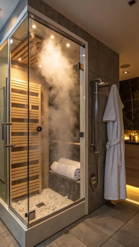 japandi contemporary fusion bathroom steam shower natural stone vent