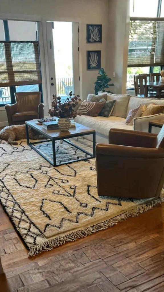 living room rug ideas moroccan berber beni ourain rug warm living room texture 2026