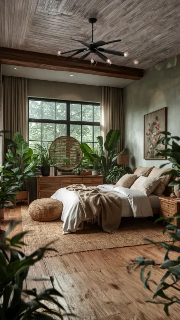 biophilic home design bedroom abundant plants natural wood earthy tones soft light forest