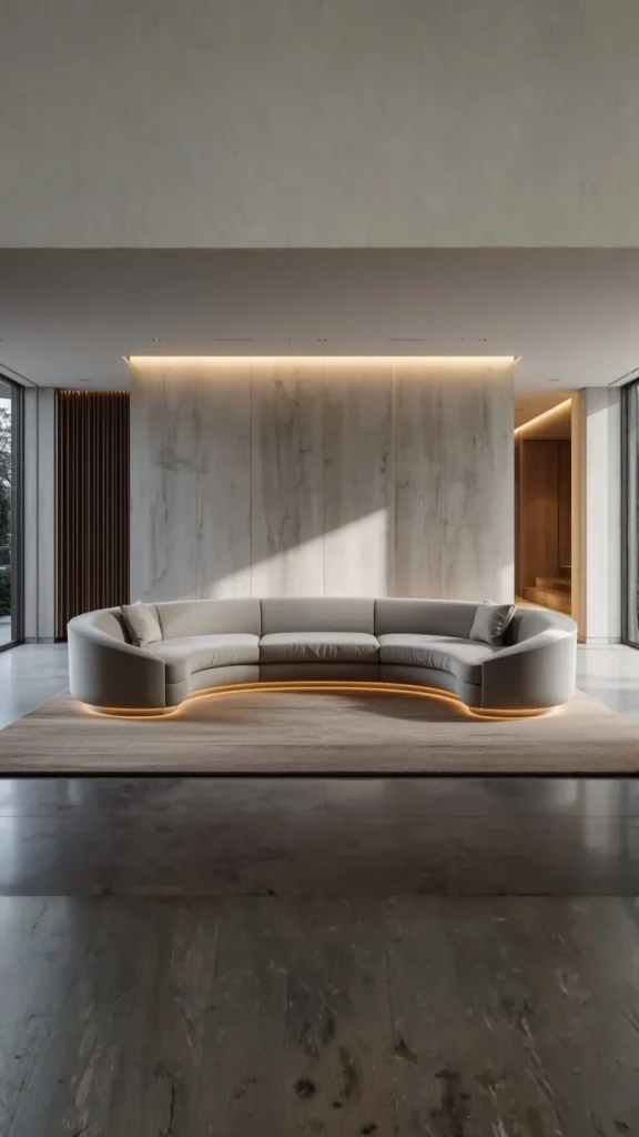 how to style curved sofa floating layout centre room space behind rug anchoring