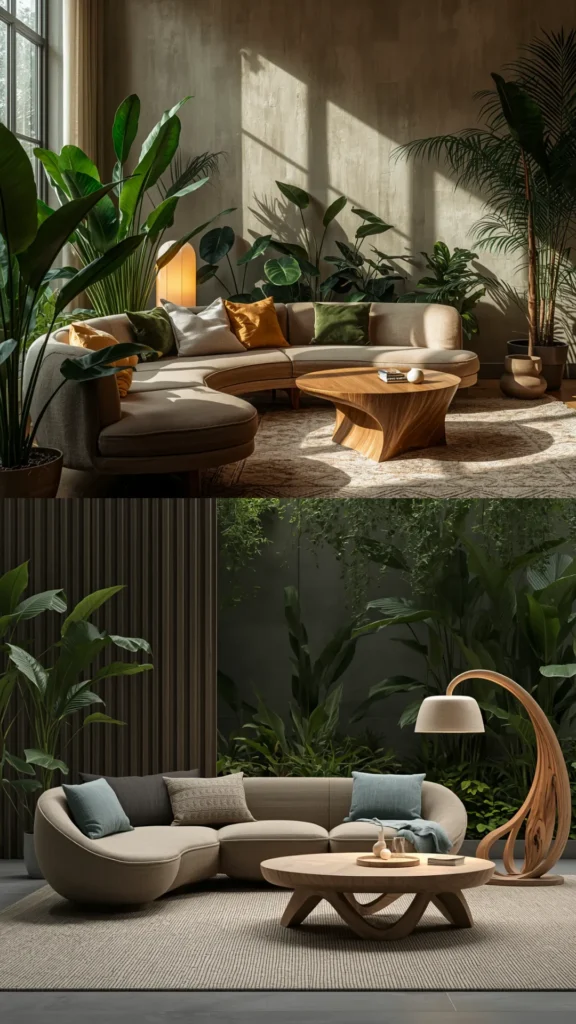 biophilic home design organic shapes biomorphic furniture curved sofa sculptural coffee table