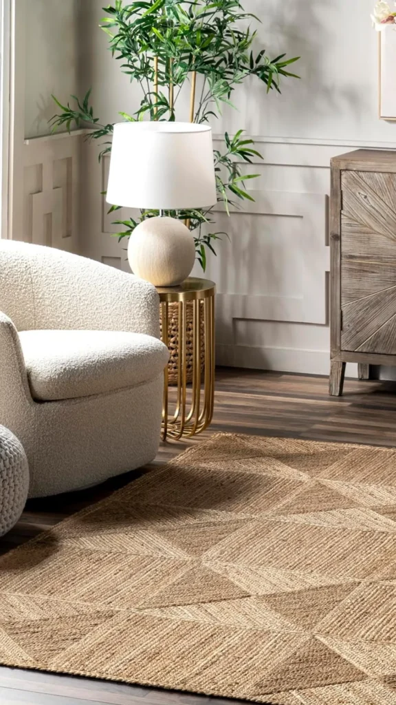 japandi living room ideas flatweave rug warm neutral jute wool