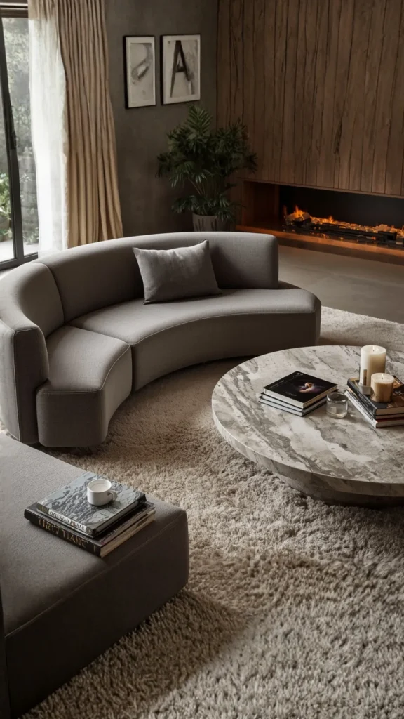 how to style curved sofa round coffee table stone travertine warm living room pairing