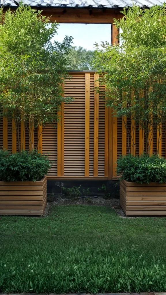 outdoor living space ideas privacy bamboo planters natural wood louvred fencing garden