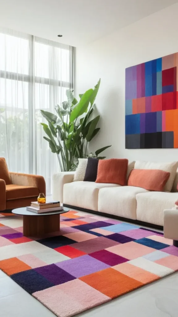 living room rug ideas bold patterned rug statement neutral living room 2026