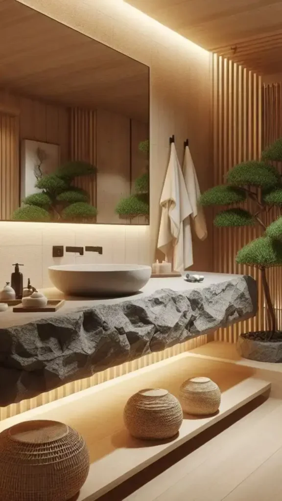 japandi contemporary fusion bathroom acoustic natural materials sound dampening