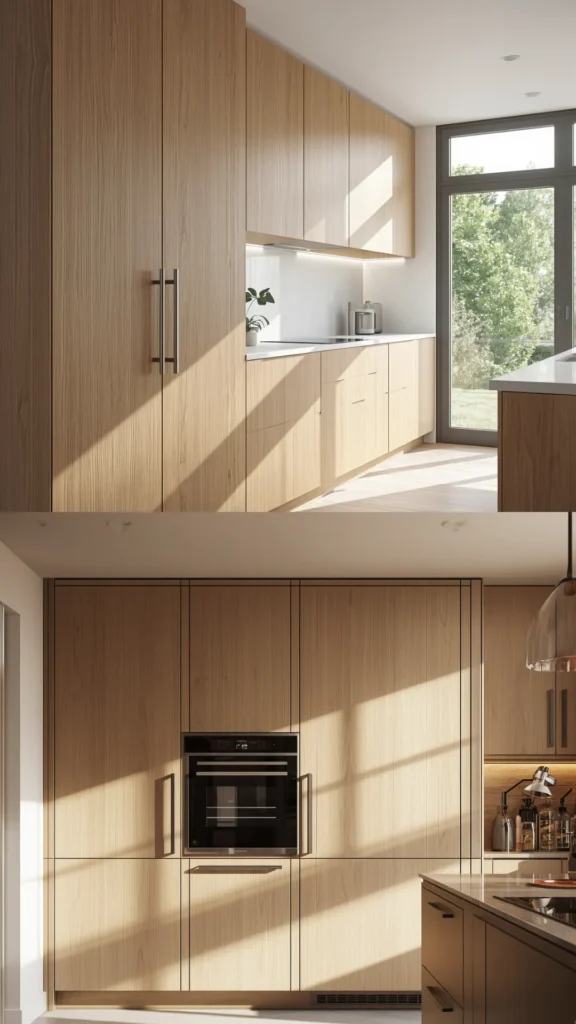 light oak kitchen cabinets handleless seamless fronts push to open clean minimal 2026