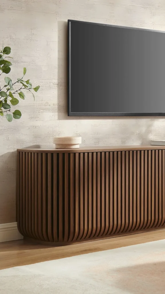 curved sideboard television console low warm living room