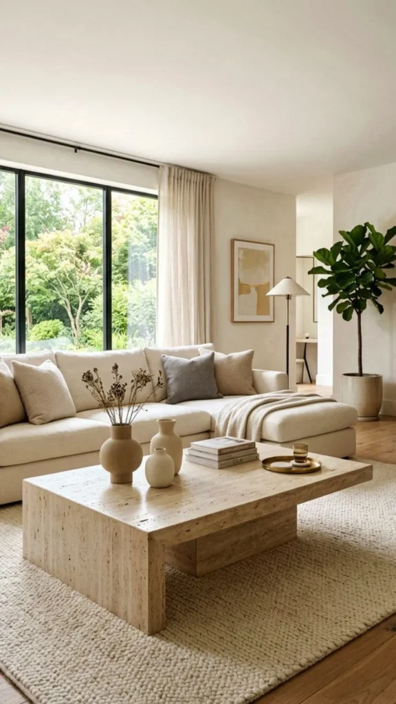 neutral living room ideas travertine coffee table material contrast 2026
