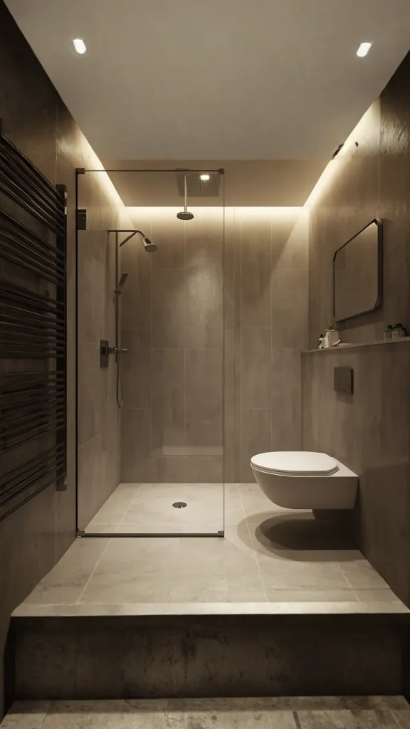 small bathroom ideas 2026 wet room seamless floor drain glass screen open space
