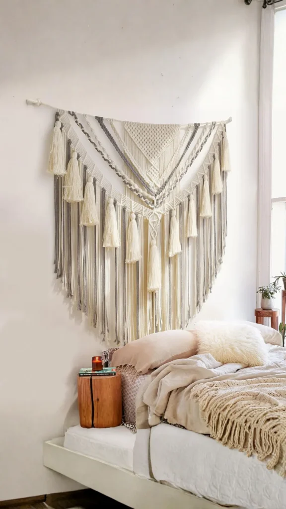 boho bedroom ideas macrame wall hanging above bed warm cream texture 2026