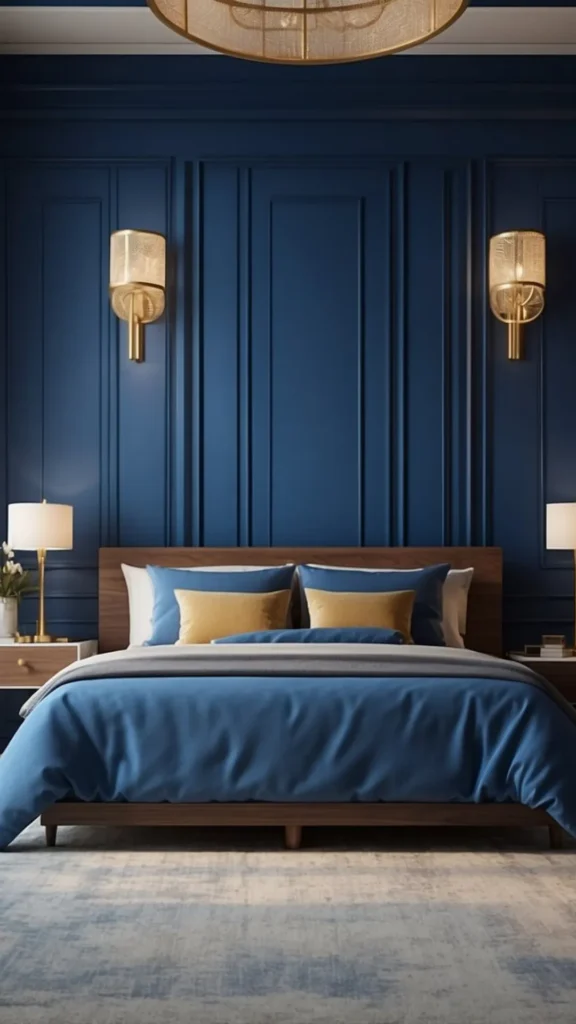 bedroom color ideas midnight blue walls brass accents cream bedding dramatic 2026